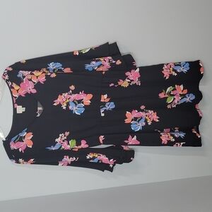 A NEW DAY Black V-neck NEon Tropical Floral Dress with Ruffle Bell Sleeves M